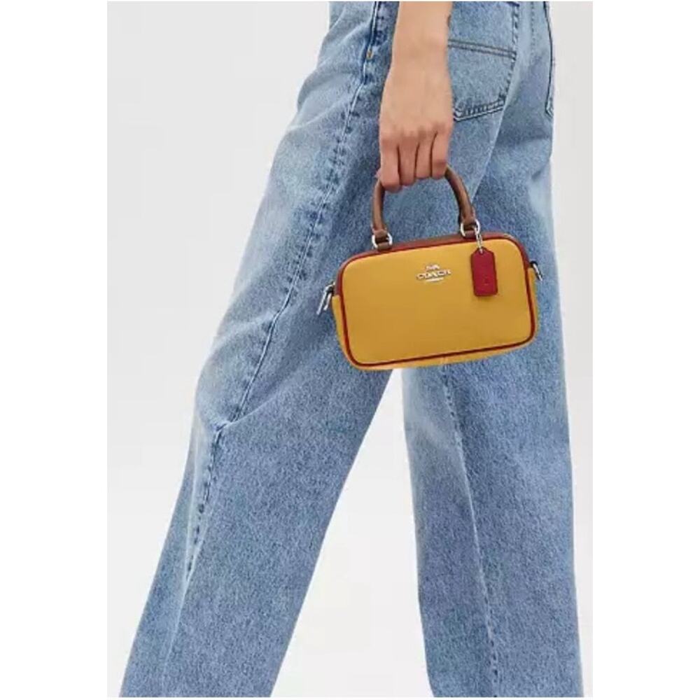 COACH Leather Satchel Crossbody In Colorblock Yellow Gold, Brown, Red NWT - Picture 7 of 13